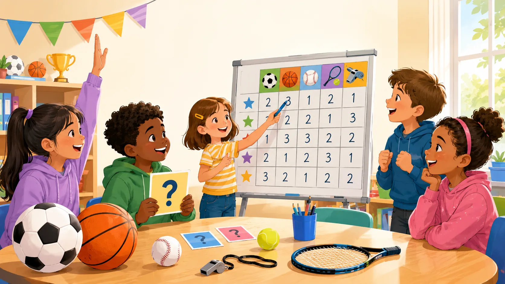 Illustration of kids playing a fun sports quiz game