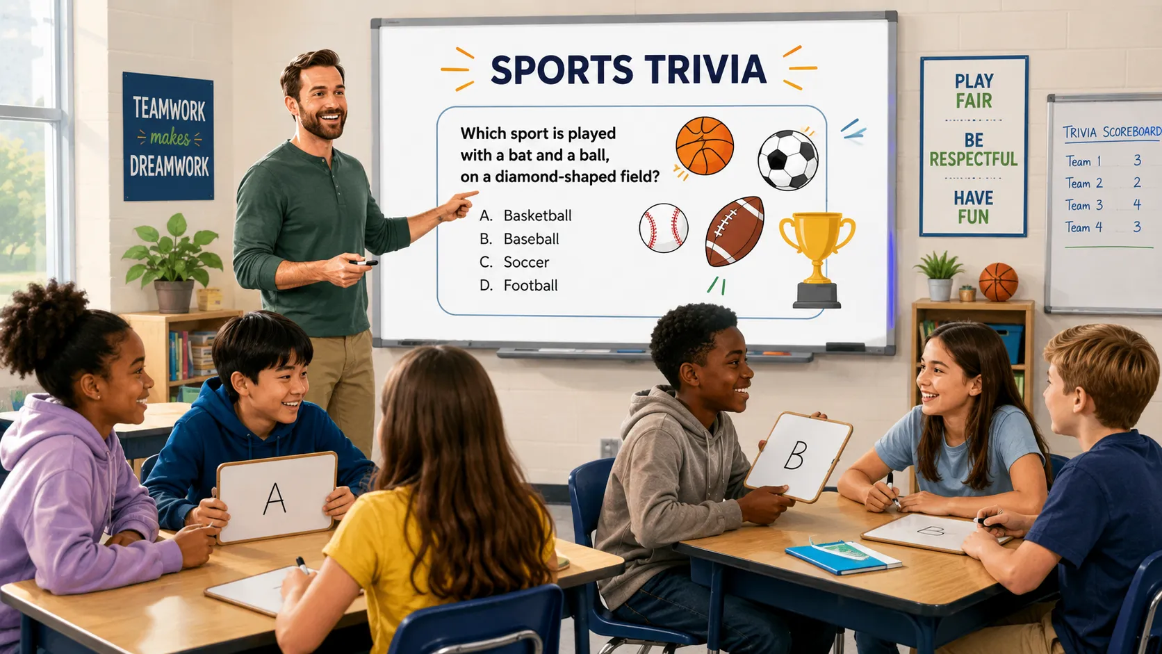Illustration of a classroom sports trivia activity